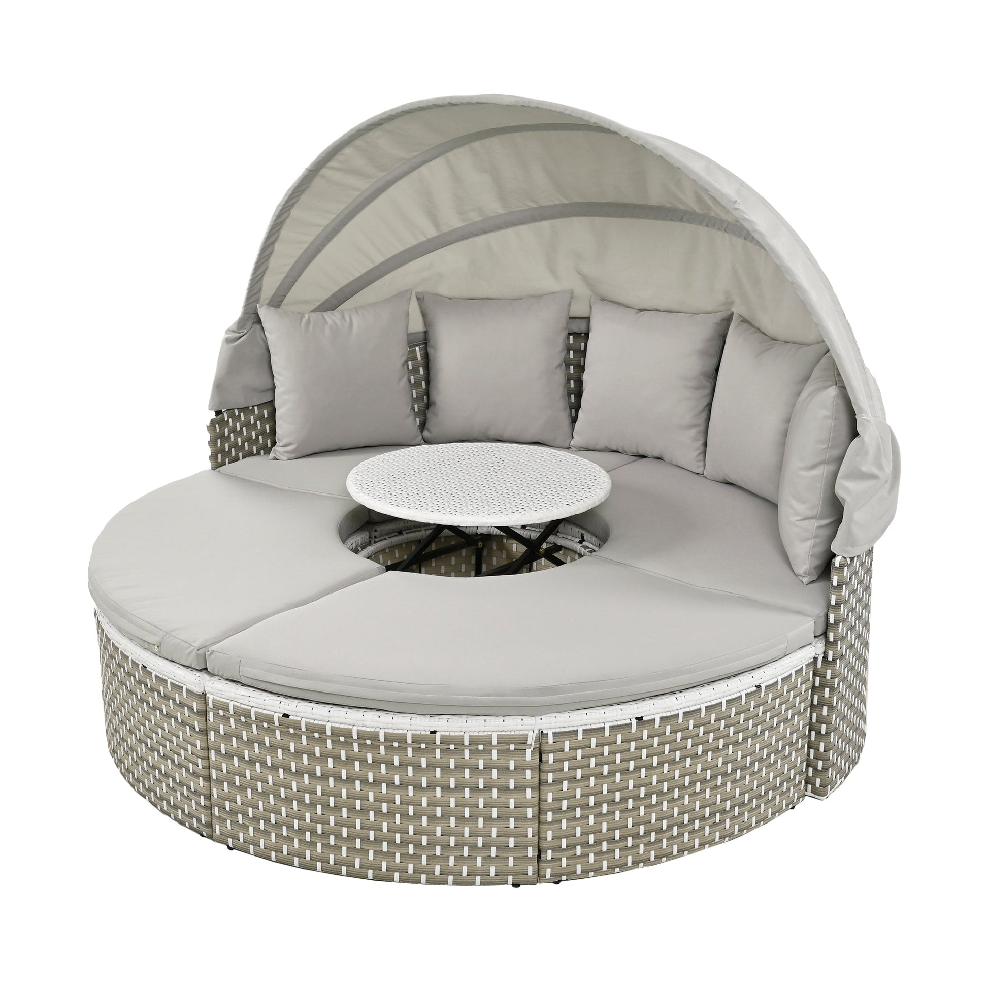 Round outdoor lounge chair with canopy and table on a white background