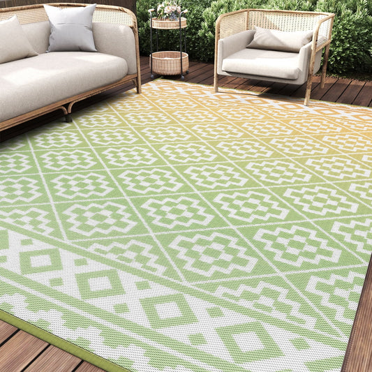 Outdoor Rug 8'X10' Waterproof Reversible Patio Rug Boho Geometric Indoor Outdoor Rugs Lightweight Plastic Straw Ourdoor Carpet for RV Camping Deck Balcony Modern Porch Decor Sage and Yellow