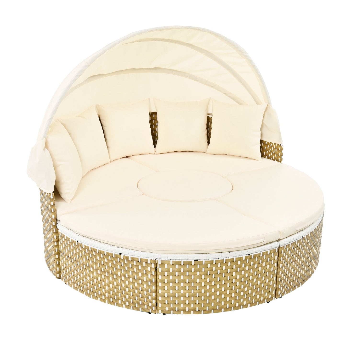 Round Rattan Sectional Daybed with Retractable Canopy