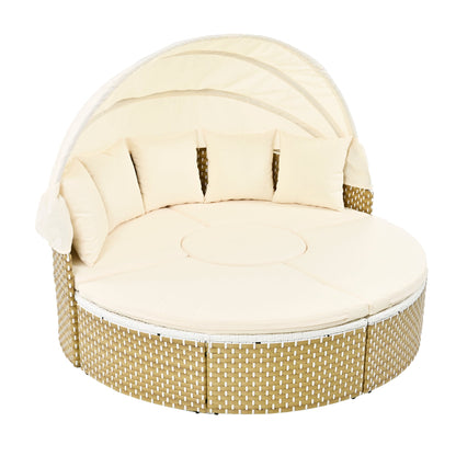 Round Rattan Sectional Daybed with Retractable Canopy