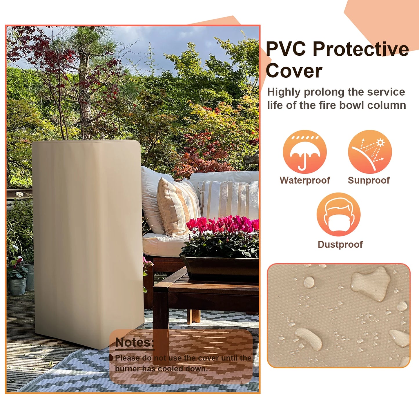 48'' Outdoor Propane Fire Bowl Column W/ Lava Rocks & PVC Cover 30,000 BTU