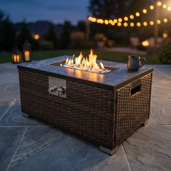 32 In. D Brown Retangular Outdoor Fire Table, Propane Fire Pit Rattan Wicker Gas Fire Table with Tile Tabletop — Studio Shot