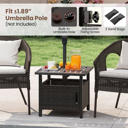All-Weather PE Wicker Outdoor Side Table with Umbrella Hole — Brown