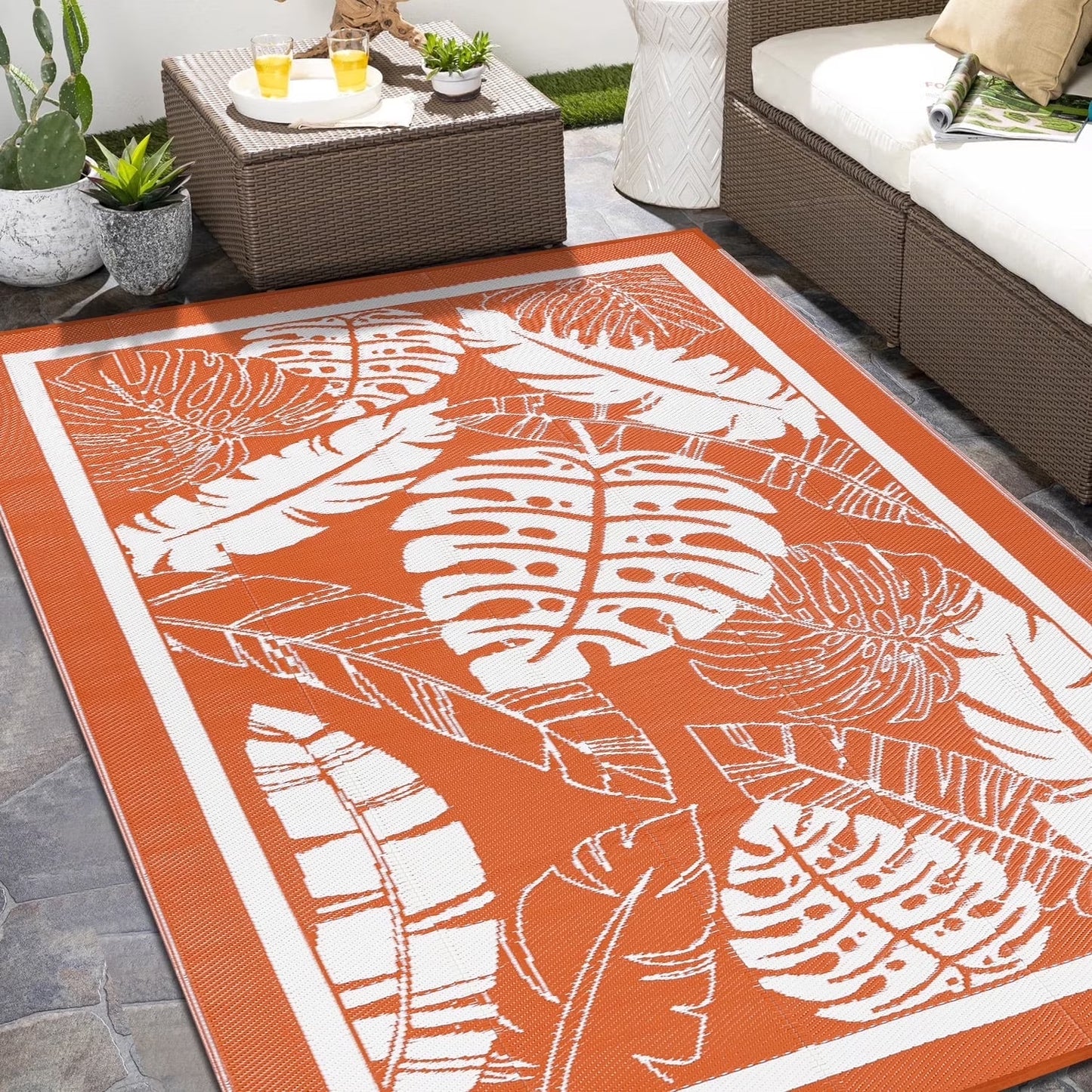 6'X9' Outdoor Rug Patios Rug Waterproof RV Outdoor Rug Camping Rugs Reversible Plastic Straw Rug Large Outdoor Mat Outdoor Area Rug for Camping,Balcony Apartment,Patio,Picnic,Beach Orange