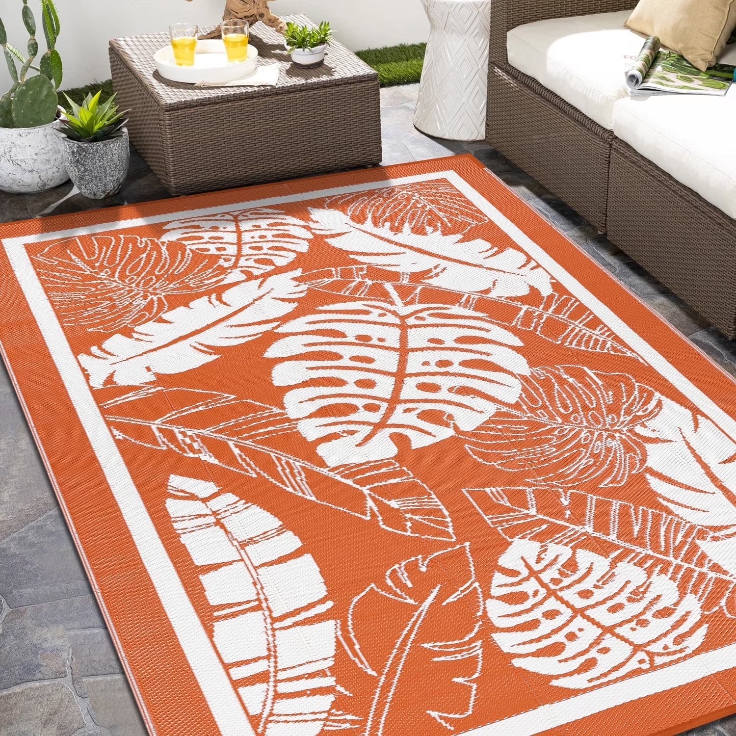 6'X9' Outdoor Rug Patios Rug Waterproof RV Outdoor Rug Camping Rugs Reversible Plastic Straw Rug Large Outdoor Mat Outdoor Area Rug for Camping,Balcony Apartment,Patio,Picnic,Beach Orange