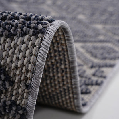 Close-up of a textured rug with a focus on the pattern and edge.