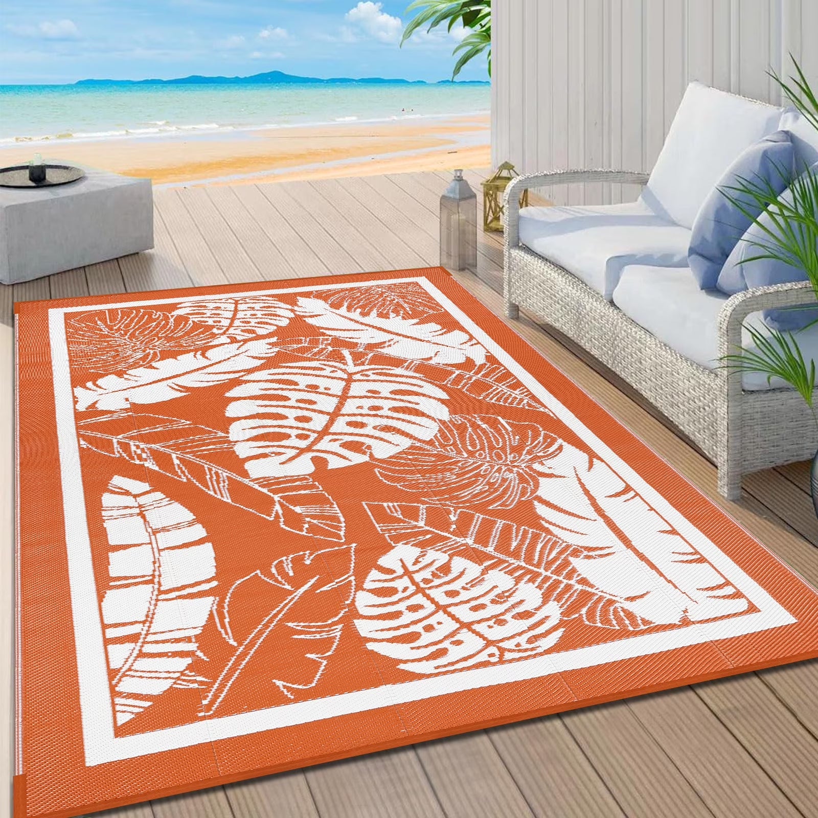6'X9' Outdoor Rug Patios Rug Waterproof RV Outdoor Rug Camping Rugs Reversible Plastic Straw Rug Large Outdoor Mat Outdoor Area Rug for Camping,Balcony Apartment,Patio,Picnic,Beach Orange