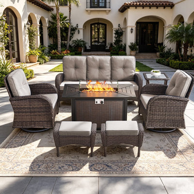 Pocassy 7-Piece Outdoor Fire Pit Patio Set | PE Wicker Conversation Set with 50,000 BTU Propane Fire Table & Beige Cushions