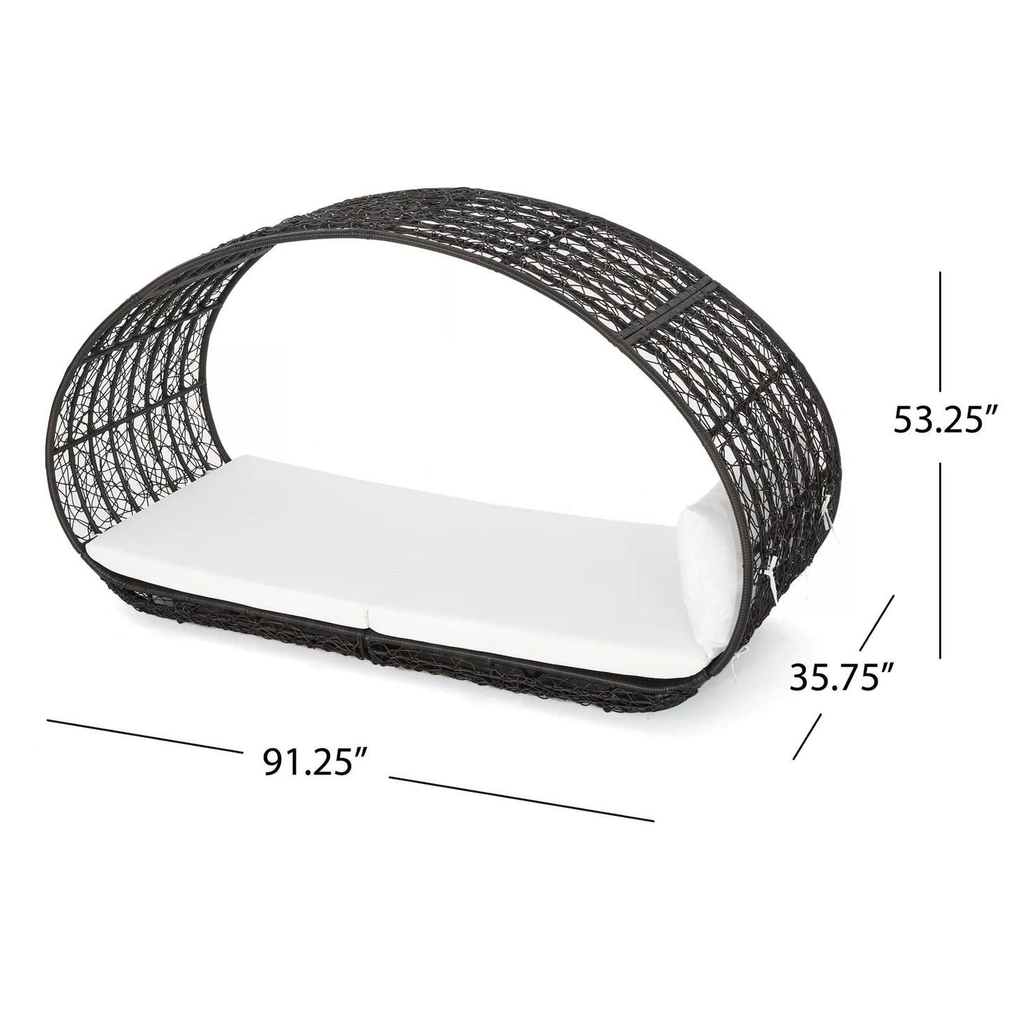 Black wicker chair with dimensions labeled on a white background