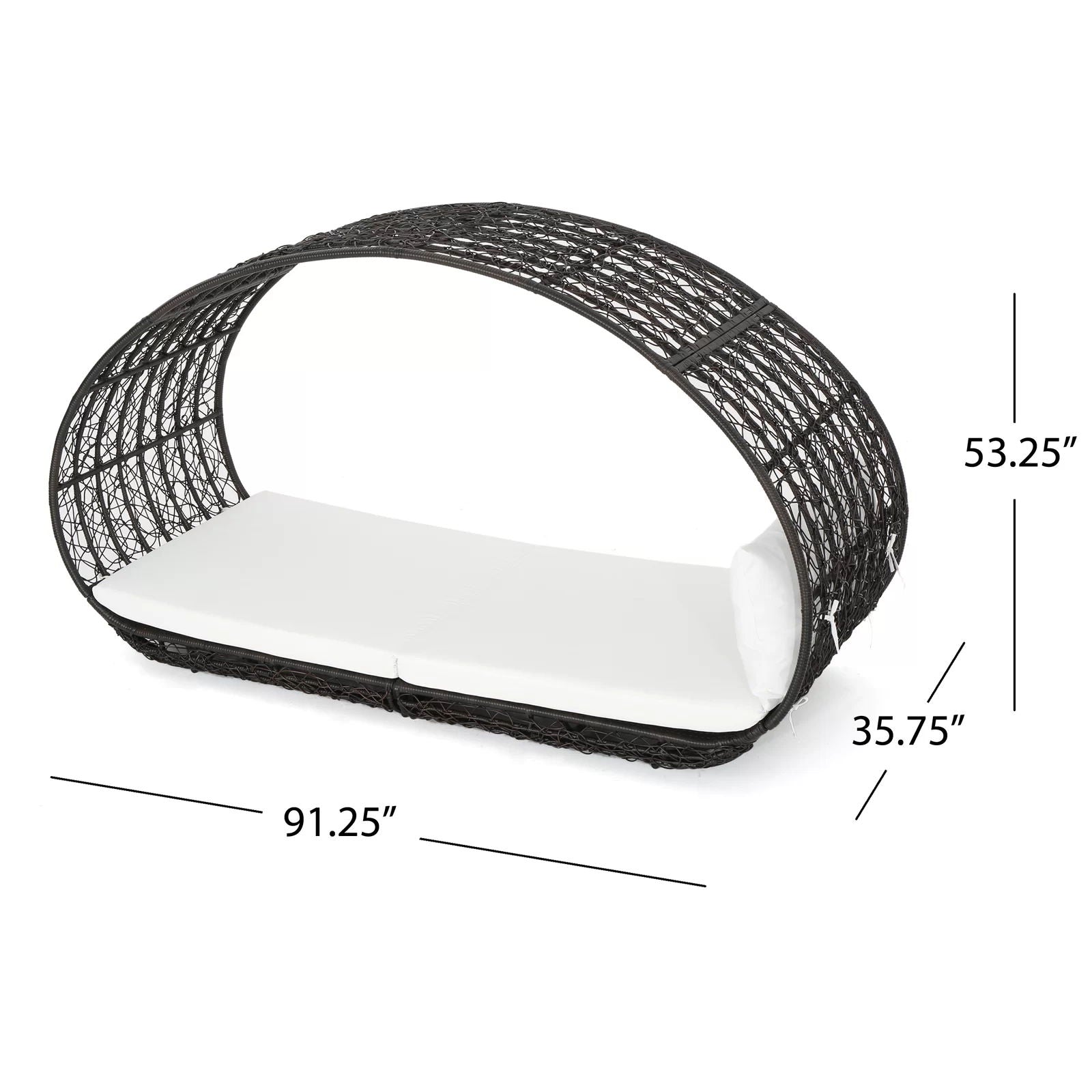 Black wicker chair with dimensions labeled on a white background