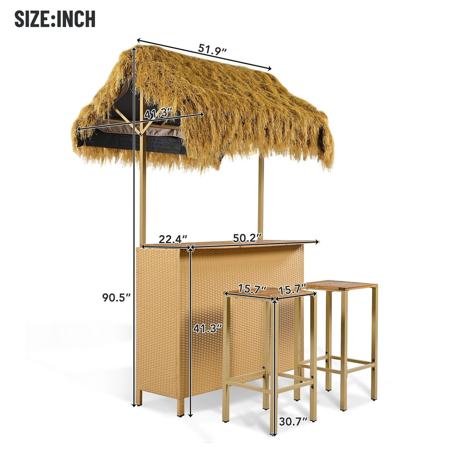 Tiki bar set with thatched roof and dimensions labeled in inches on a white background.