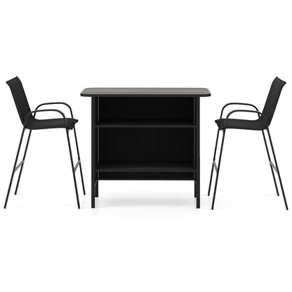 Black dining table with two matching chairs on a white background