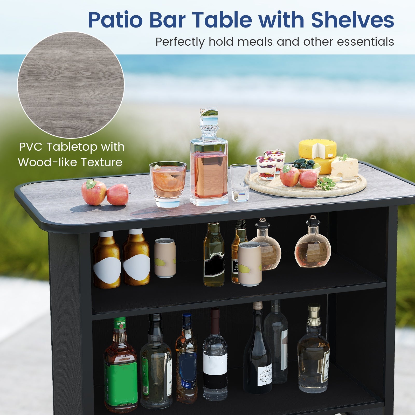 Patio bar table with shelves displaying drinks and food items outdoors.