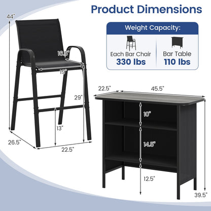 Bar chair and table with dimensions and weight capacity displayed