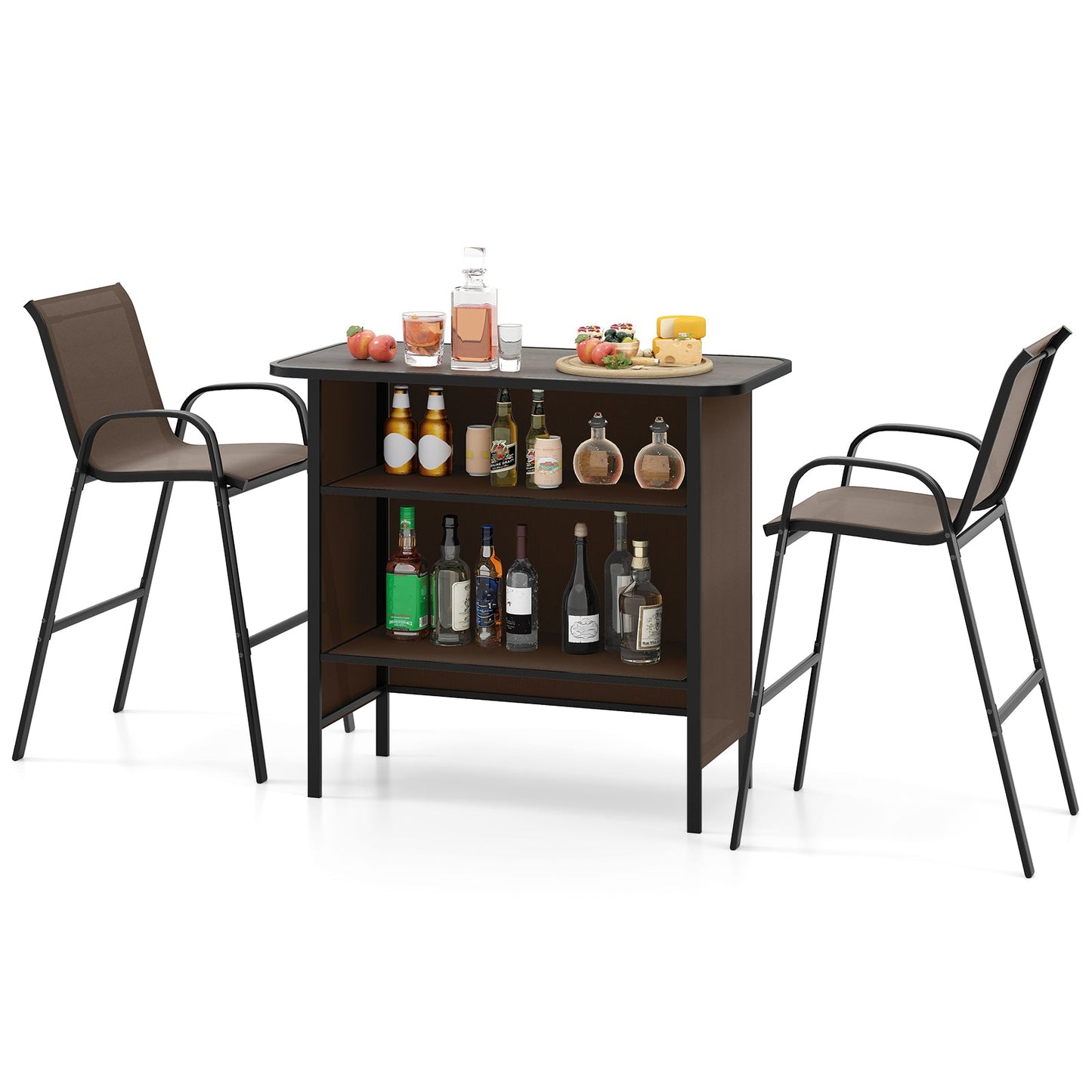 Bar cart with bottles and snacks on a white background