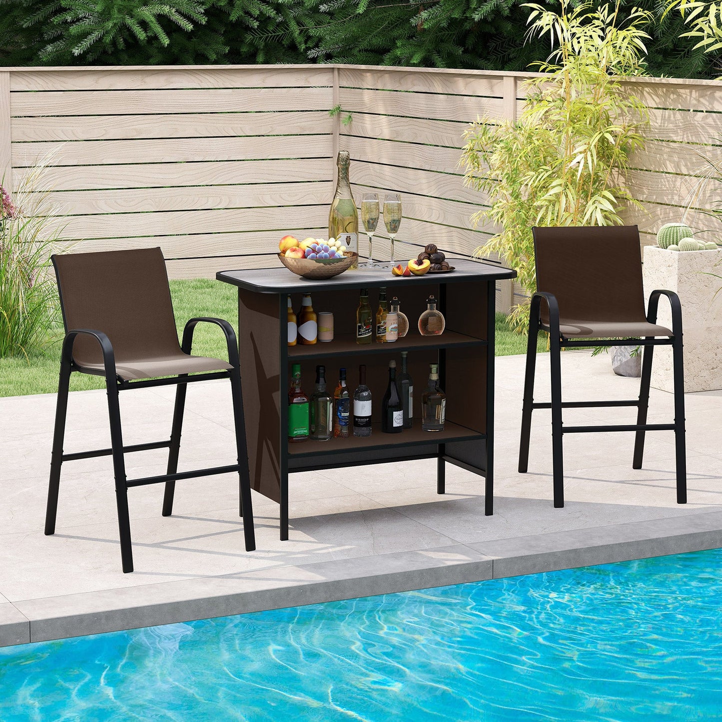 Outdoor patio set with bar table and chairs by a pool