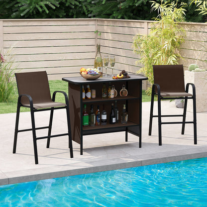 Outdoor patio set with bar table and chairs by a pool