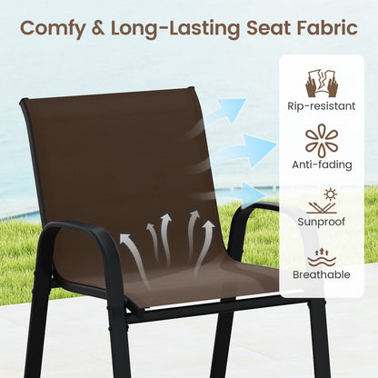Brown chair with text 'Comfy & Long-Lasting Seat Fabric' and icons indicating features like rip-resistant, anti-fading, sunproof, and breathable.