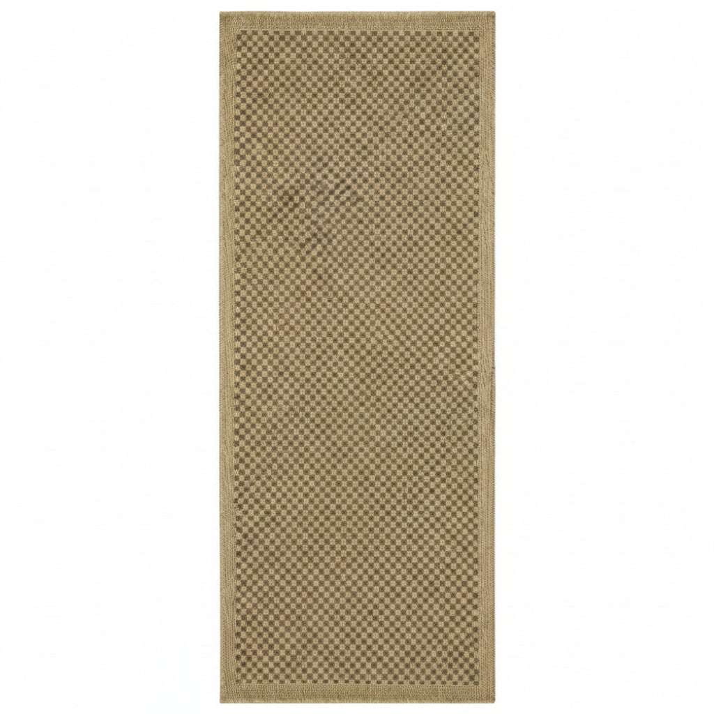 Beige woven runner rug on a white background