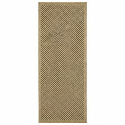 Beige woven runner rug on a white background