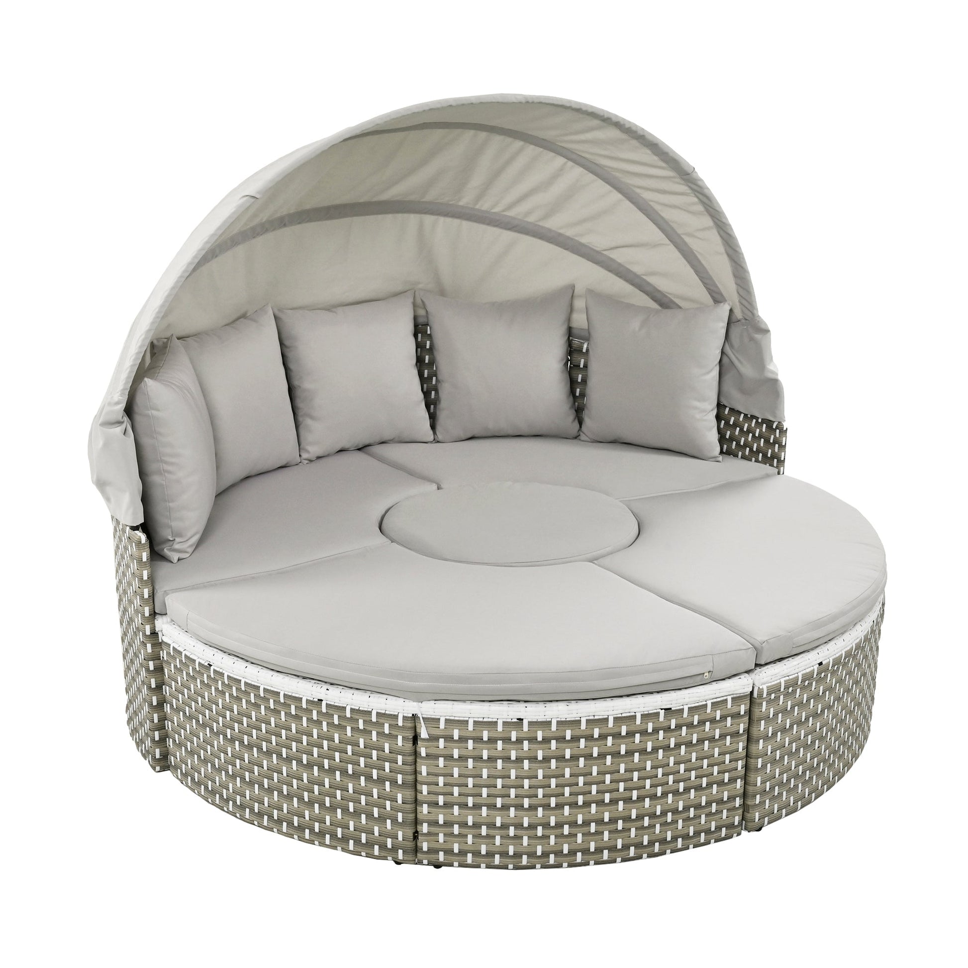 Round outdoor daybed with canopy and cushions on a white background