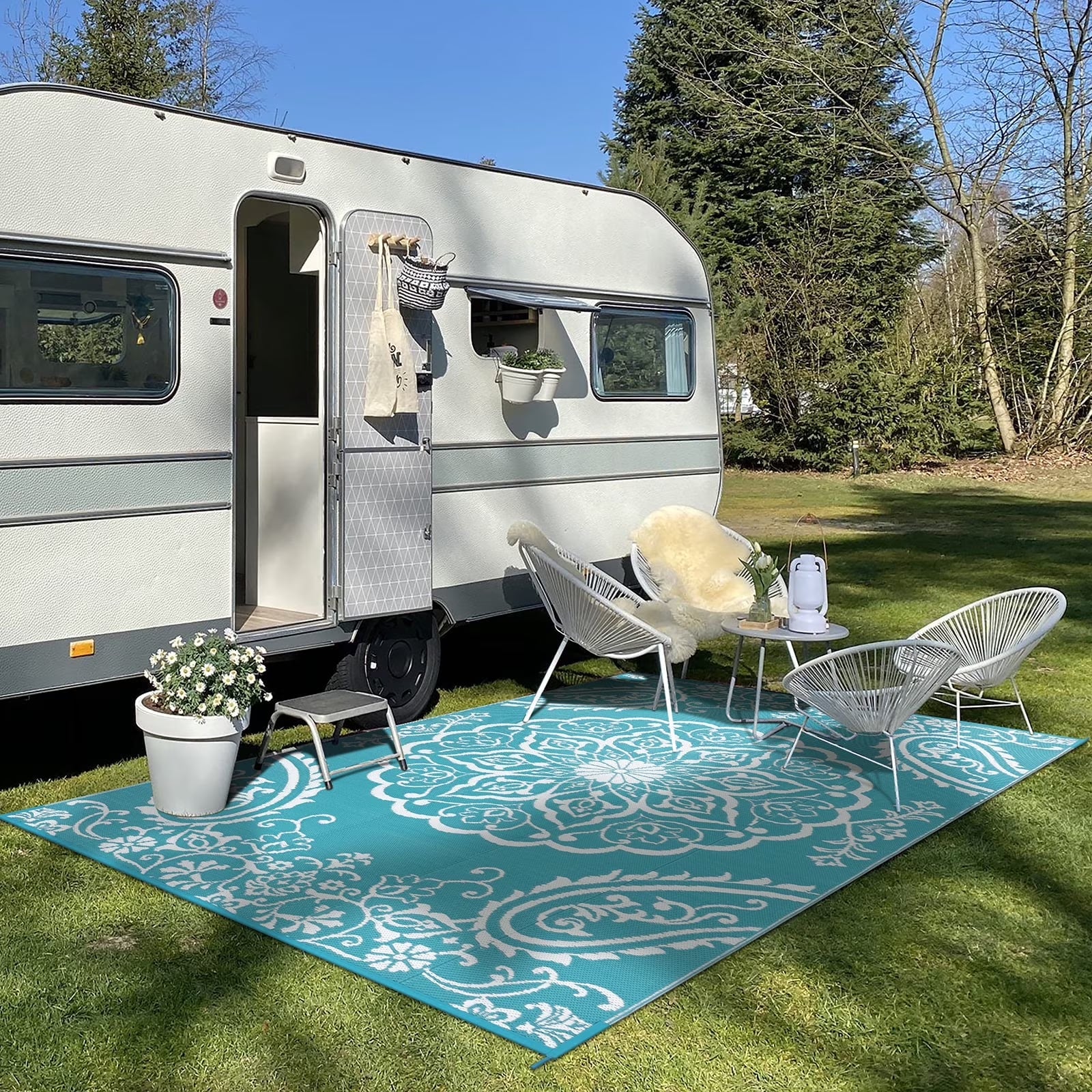6'X9' Outdoor Rug, Patio Rug Waterproof RV Outdoor Rug Camping Rugs Reversible Plastic Mat for Camping, Balcony Apartment, Patio, Porch, Picnic, Beach, Teal