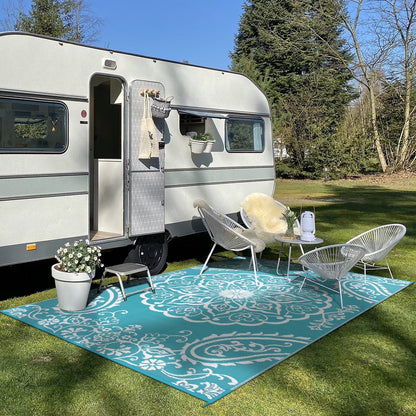 6'X9' Outdoor Rug, Patio Rug Waterproof RV Outdoor Rug Camping Rugs Reversible Plastic Mat for Camping, Balcony Apartment, Patio, Porch, Picnic, Beach, Teal