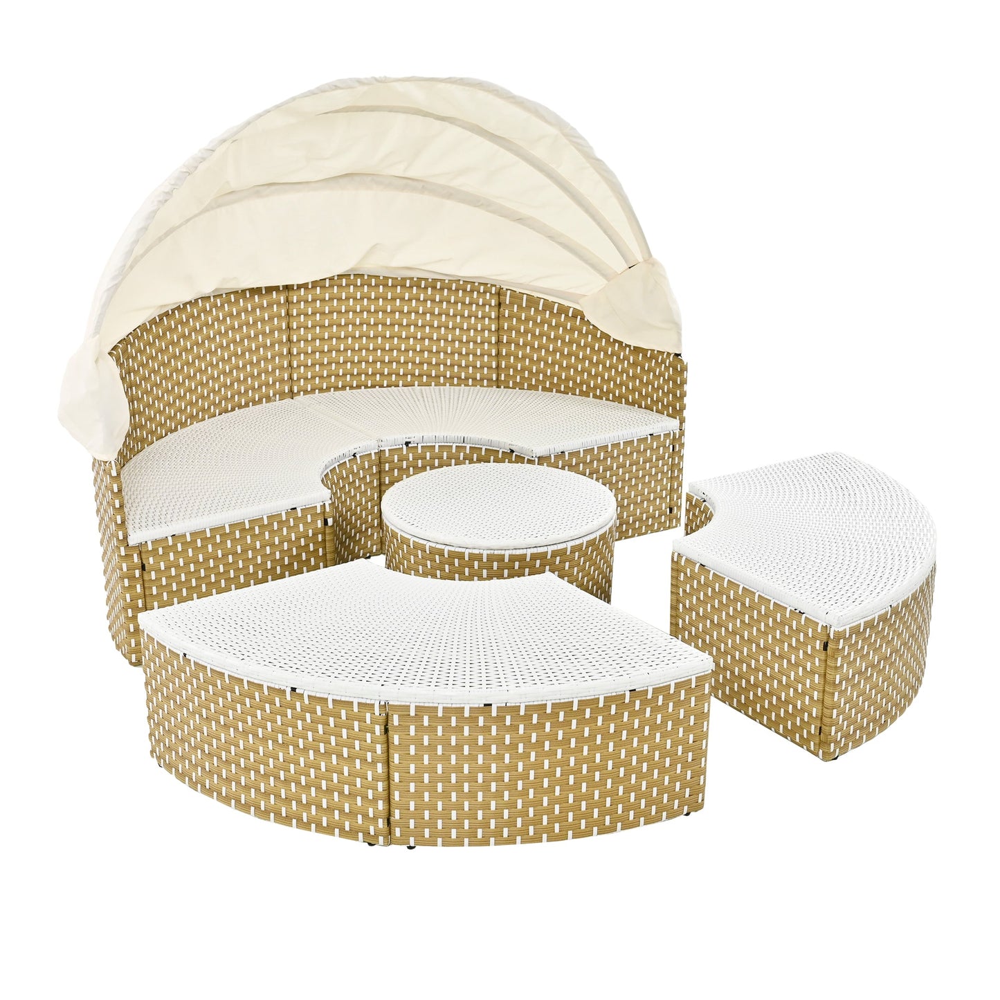 Round Rattan Sectional Daybed with Retractable Canopy