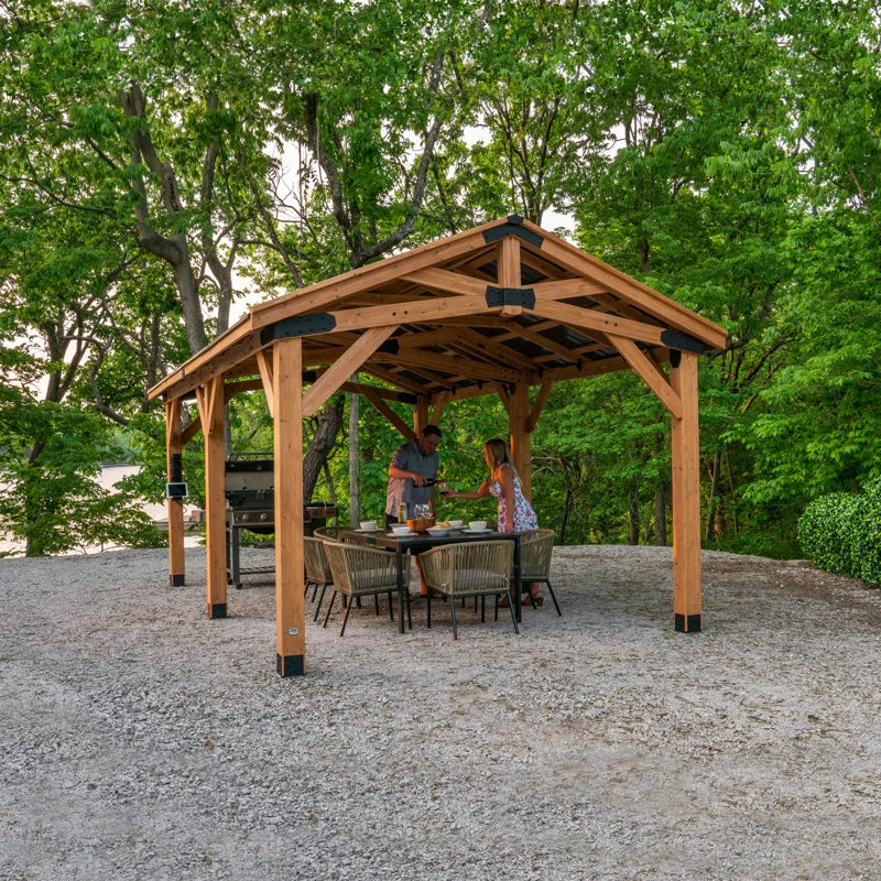 Norwood 24' X 12' Cedar Wood Outdoor Patio Gazebo with Hardtop Galvanized Steel Peak Roof and Powerport