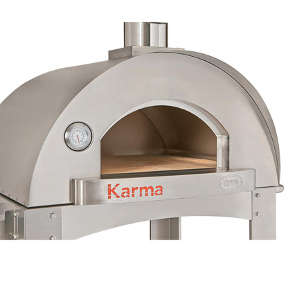 Stainless steel pizza oven with 'Karma' branding on a white background