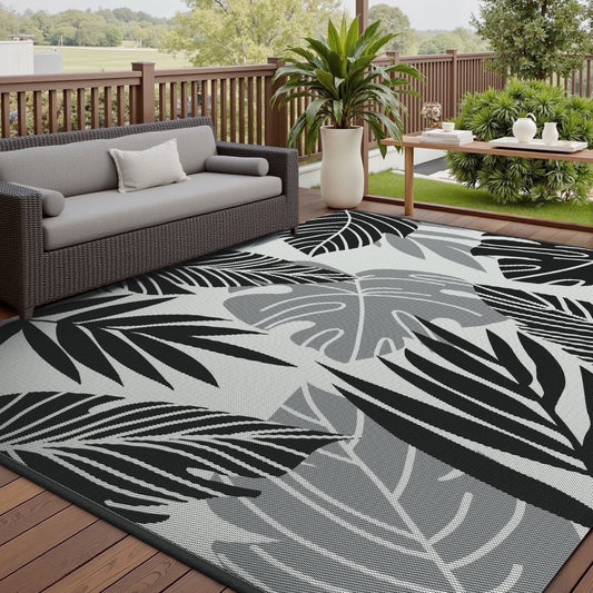 Outdoor Rug Carpet 9'X12' Waterproof Reversible Patio Rug Portable Indoor Outdoor Rug Plastic Straw Rug for Beach RV Camping Garden Picnic Deck Backyard Tropical Porch Decor Gray and Black
