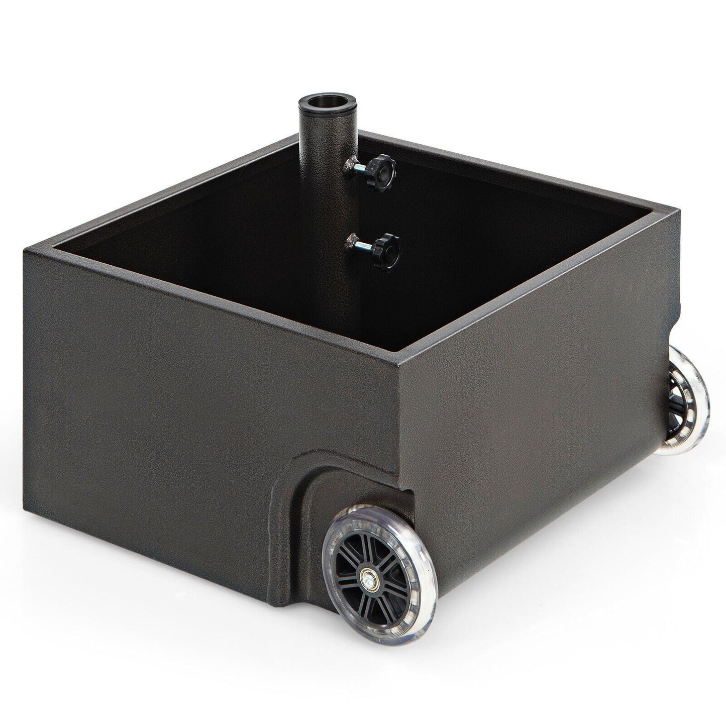 Black rectangular box with wheels on a white background