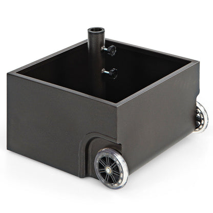 Black rectangular box with wheels on a white background