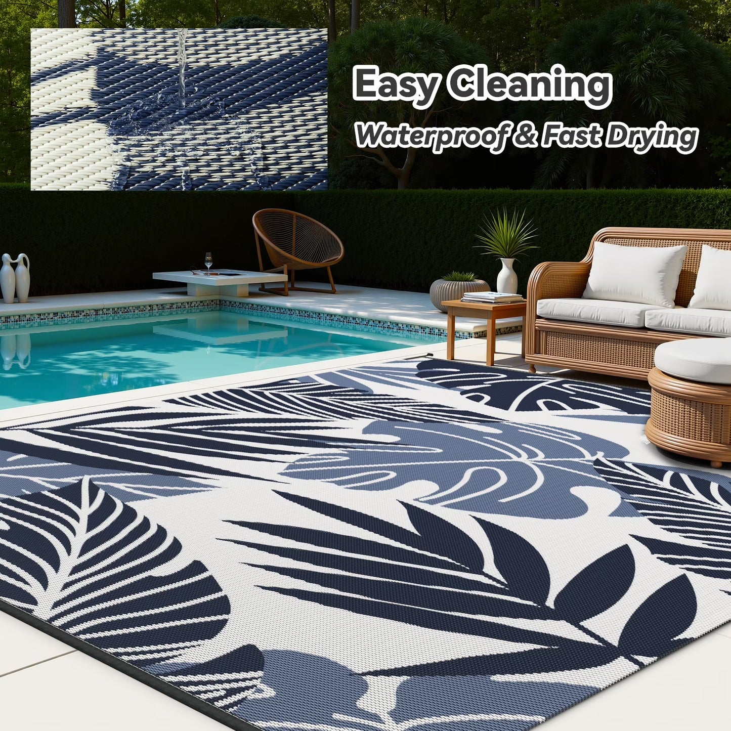 Outdoor Rug 8'X10' Waterproof Reversible Patio Rug for Beach, RV, Camping, Garden, Deck - Beige/Blue