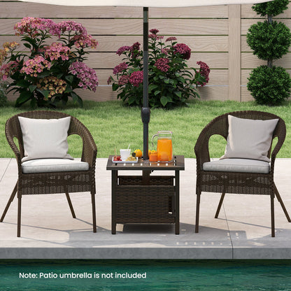 All-Weather PE Wicker Outdoor Side Table with Umbrella Hole — Brown