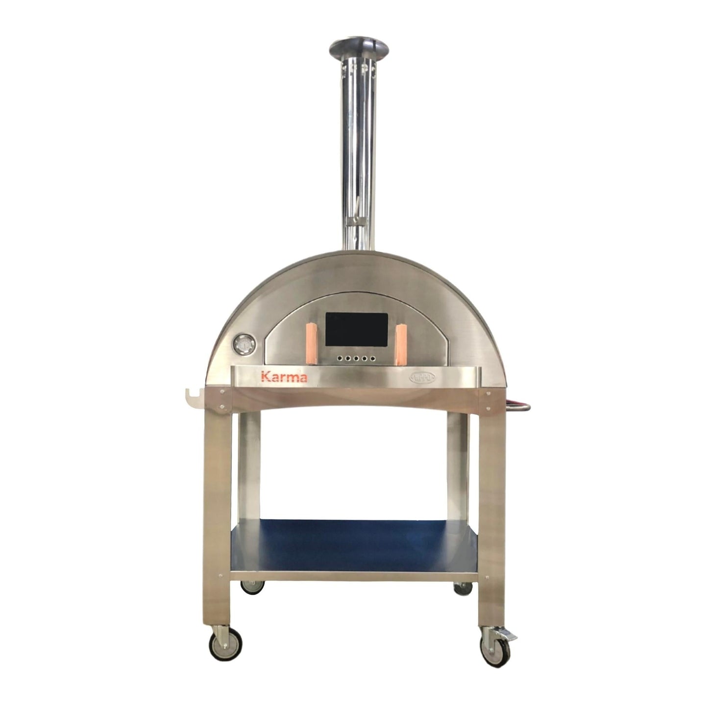 Stainless steel pizza oven on wheels with 'Karma' branding on a white background