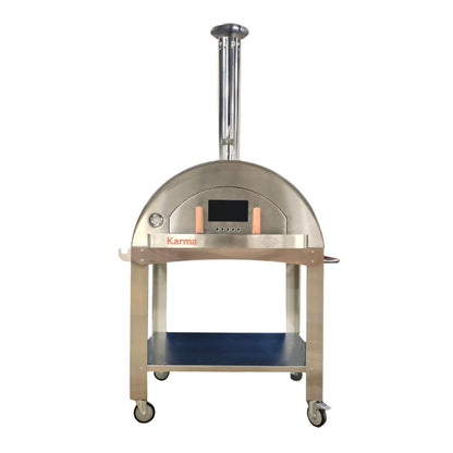 Stainless steel pizza oven on wheels with 'Karma' branding on a white background