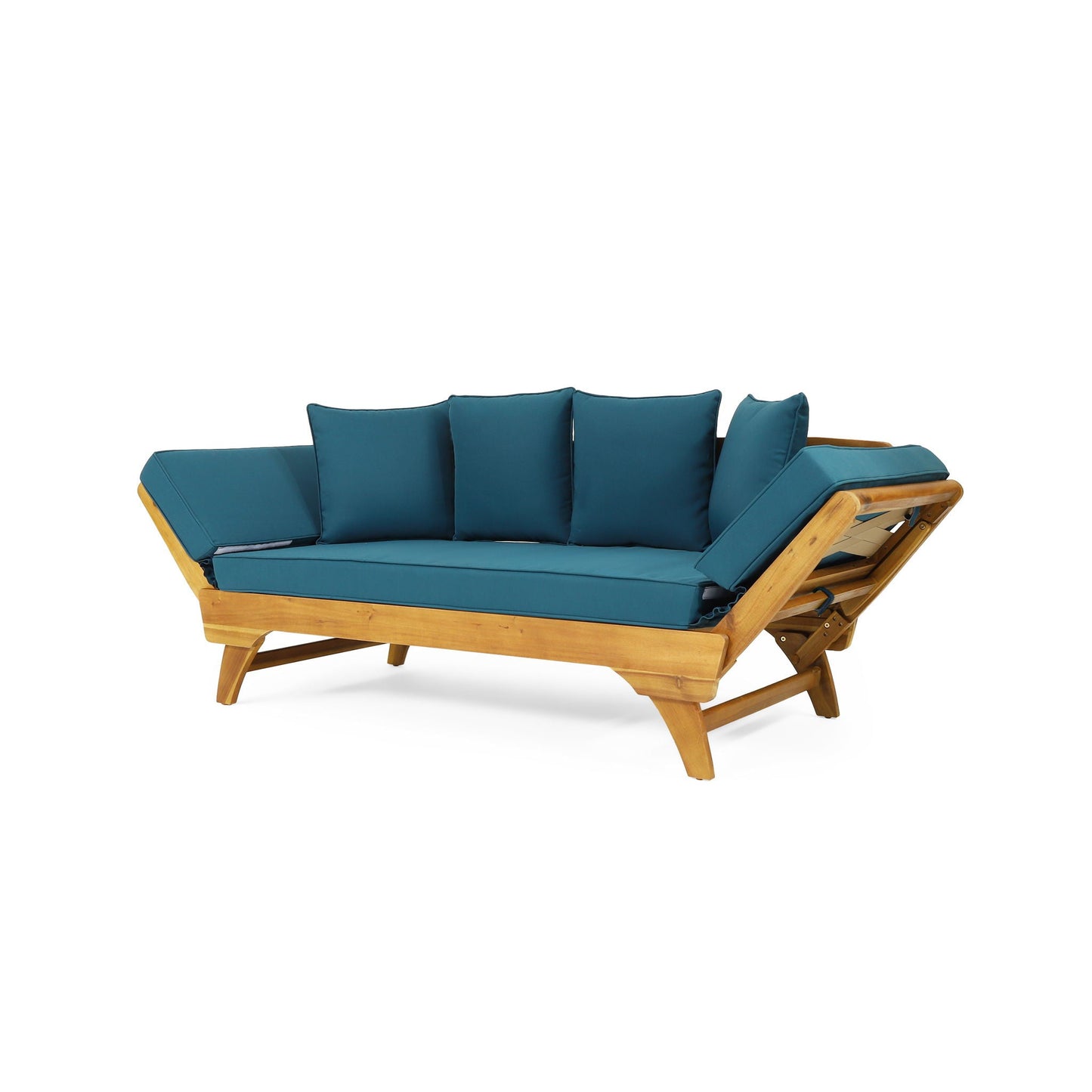 Wooden outdoor lounge chair with blue cushions on a white background