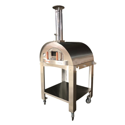 Outdoor pizza oven on wheels with a white background