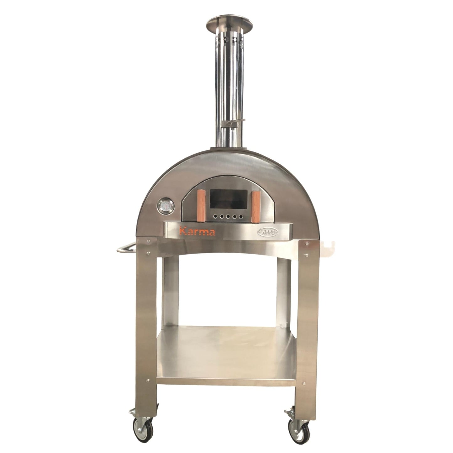 Stainless steel pizza oven on wheels with digital display on a white background