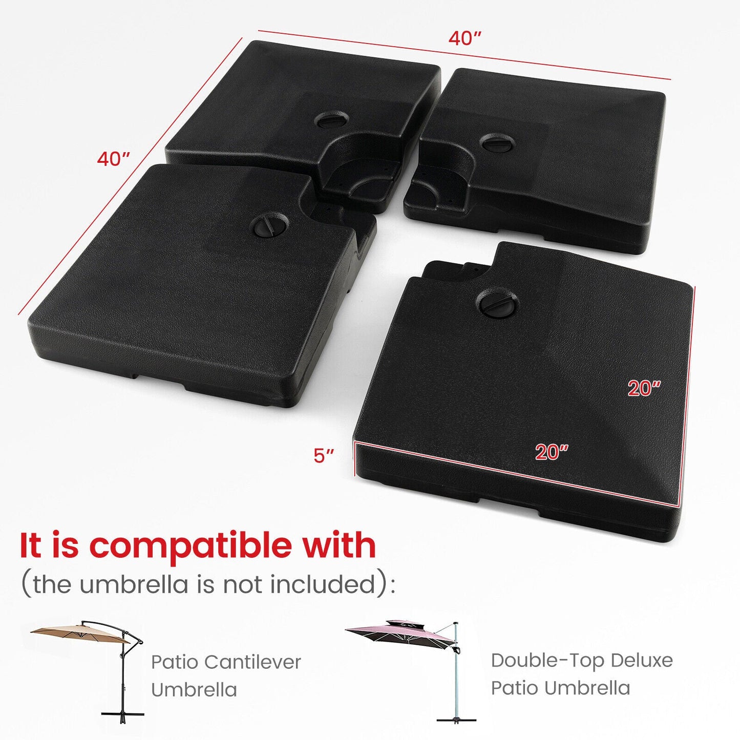 Black patio umbrella stand components with dimensions and compatibility information on a white background