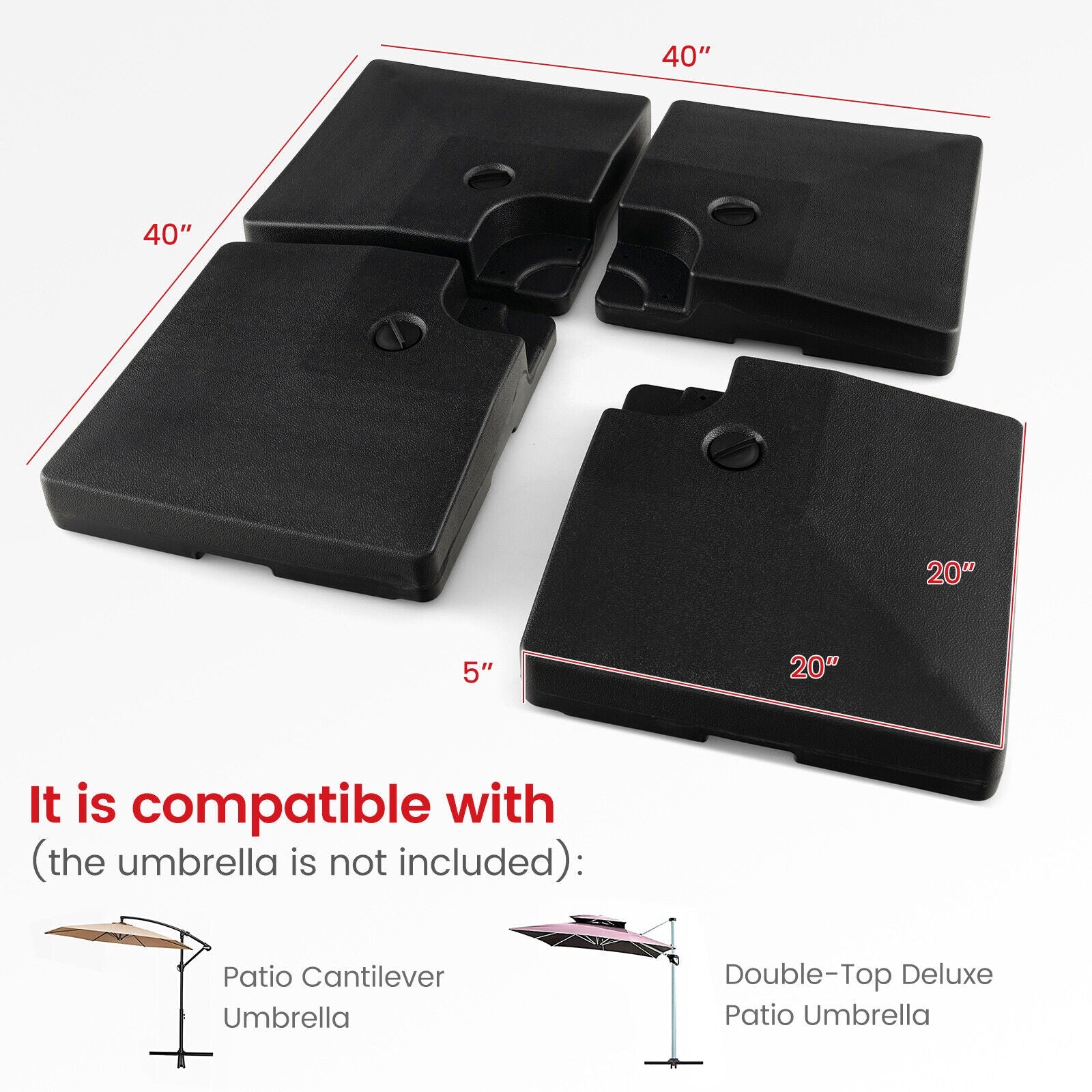 Black patio umbrella stand components with dimensions and compatibility information on a white background