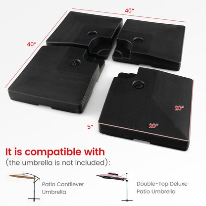Black patio umbrella stand components with dimensions and compatibility information on a white background