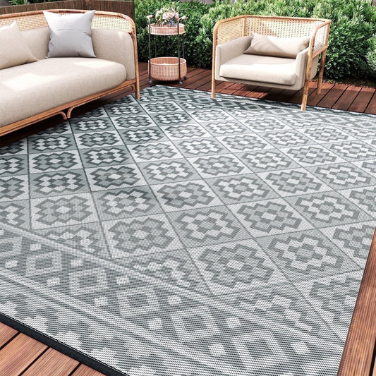 Outdoor Rug 8'X10' Waterproof Reversible Patio Rug Modern Lightweight Plastic Straw Indoor Outdoor Rug for RV Camping Deck Balcony Porch Boho Patio Decor Outdoor Carpet Light Gray