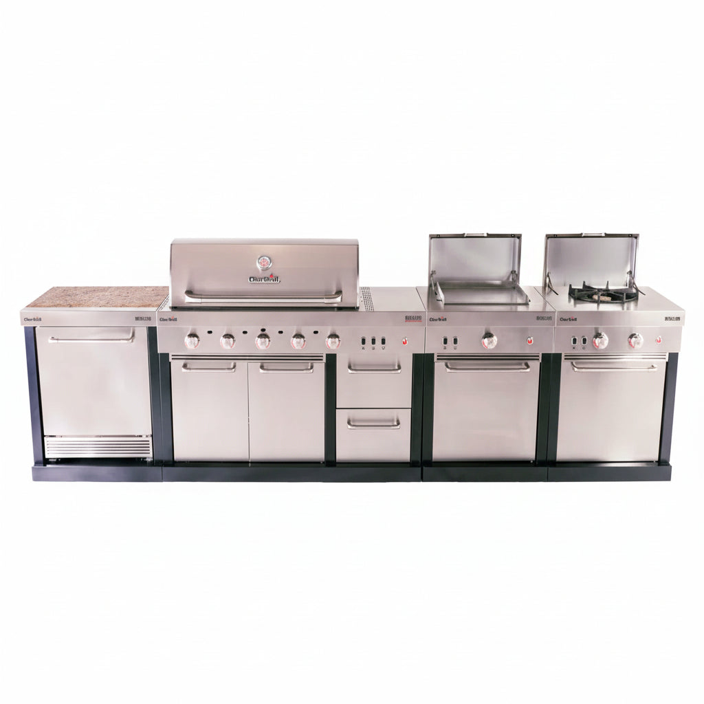 Stainless steel outdoor kitchen with multiple burners and grills on a white background