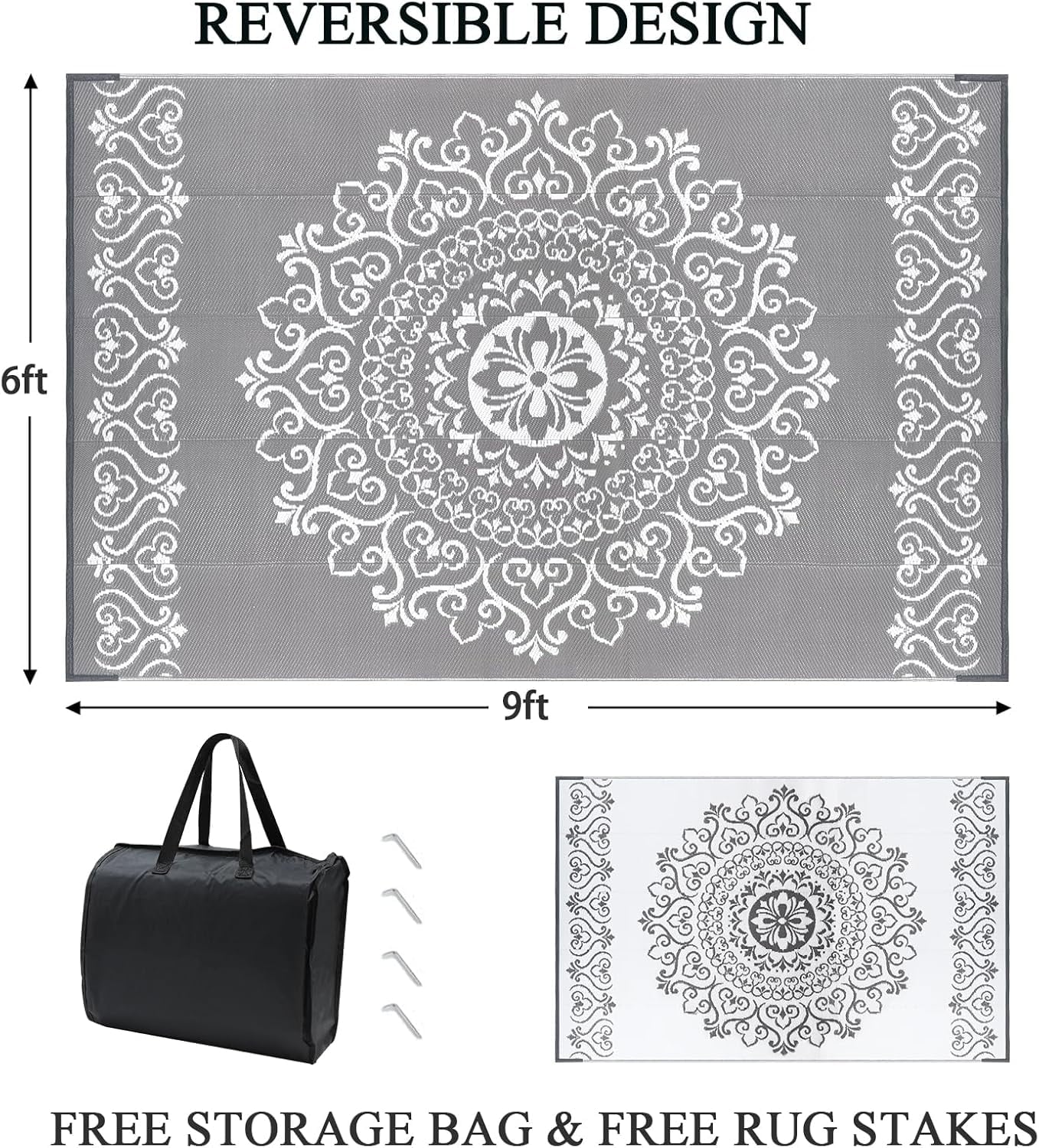 6'X9' Gray Outdoor Rug Patio Rug Waterproof RV Outdoor Rug Camping Rugs Reversible Plastic Straw Rug Large Outdoor Mat for Camping, Balcony Apartment, Patio, Porch, Picnic, Beach