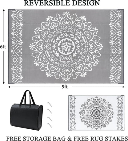 6'X9' Gray Outdoor Rug Patio Rug Waterproof RV Outdoor Rug Camping Rugs Reversible Plastic Straw Rug Large Outdoor Mat for Camping, Balcony Apartment, Patio, Porch, Picnic, Beach