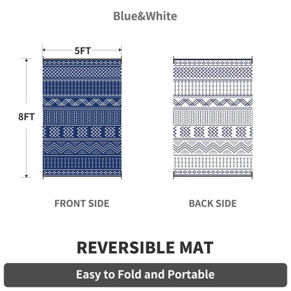 Outdoor Rug 5'X8' Waterproof Patio Rug Reversible Indoor Outdoor Rug Lightweight Plastic Straw Rug for RV Camping Deck Balcony Boho Porch Decor Blue and White