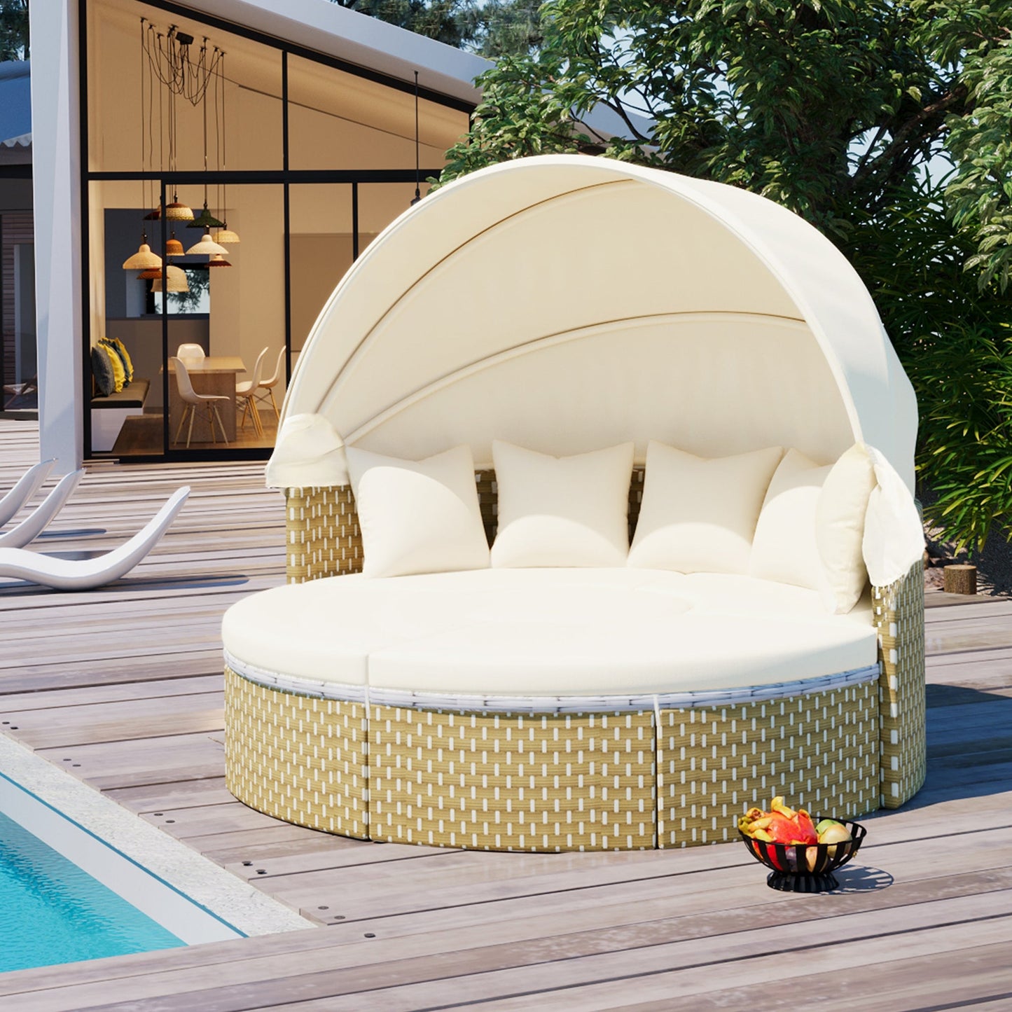 Round Rattan Sectional Daybed with Retractable Canopy