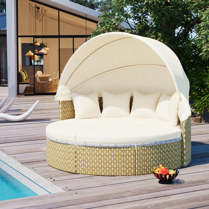 Round Rattan Sectional Daybed with Retractable Canopy